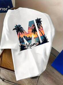 Miami Beach Sunset Christmas T-Shirt For Women And Men - Pastel Pink Miami Lettering Tee, All Occasion Tee, Popular Item - 白色 - 查看 2