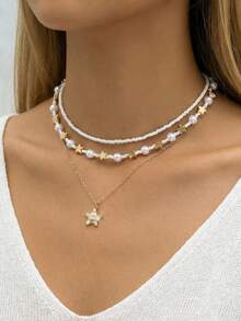 3件套时尚波西米亚风星星和仿珍珠项链套装，适合日常佩戴、约会、派对、情人节、母亲节礼物 - 彩色 - 查看 7