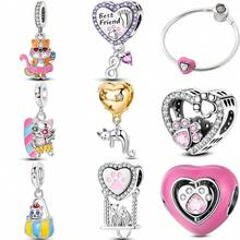 1 Pc Fashion Cat Sparkling Beads Dangle Charm Silver Plated Fit Bracelet Necklace DIY Holiday Gift - Multicolor - View 2