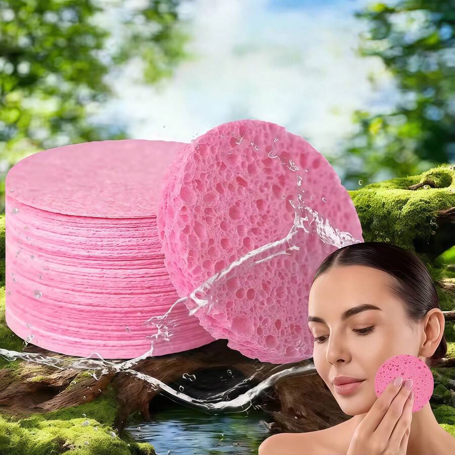 10/25/50PCS Compress Face Wash Puff Natural Wood Pulp Sponge Face Wash Puff Foaming Face Puff Cosmetic Puff Face Cleansing Sponge - Pink - View 1