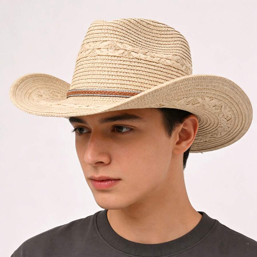 经典美式时尚闪亮编织装饰创意纯色遮阳帽，男女皆宜，户外优雅防晒 - 草帽 - 查看 1