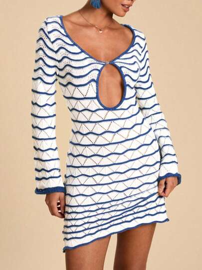 女士针织圆领长袖套头迷你连衣裙，撞色镂空对称做旧休闲优雅春夏款