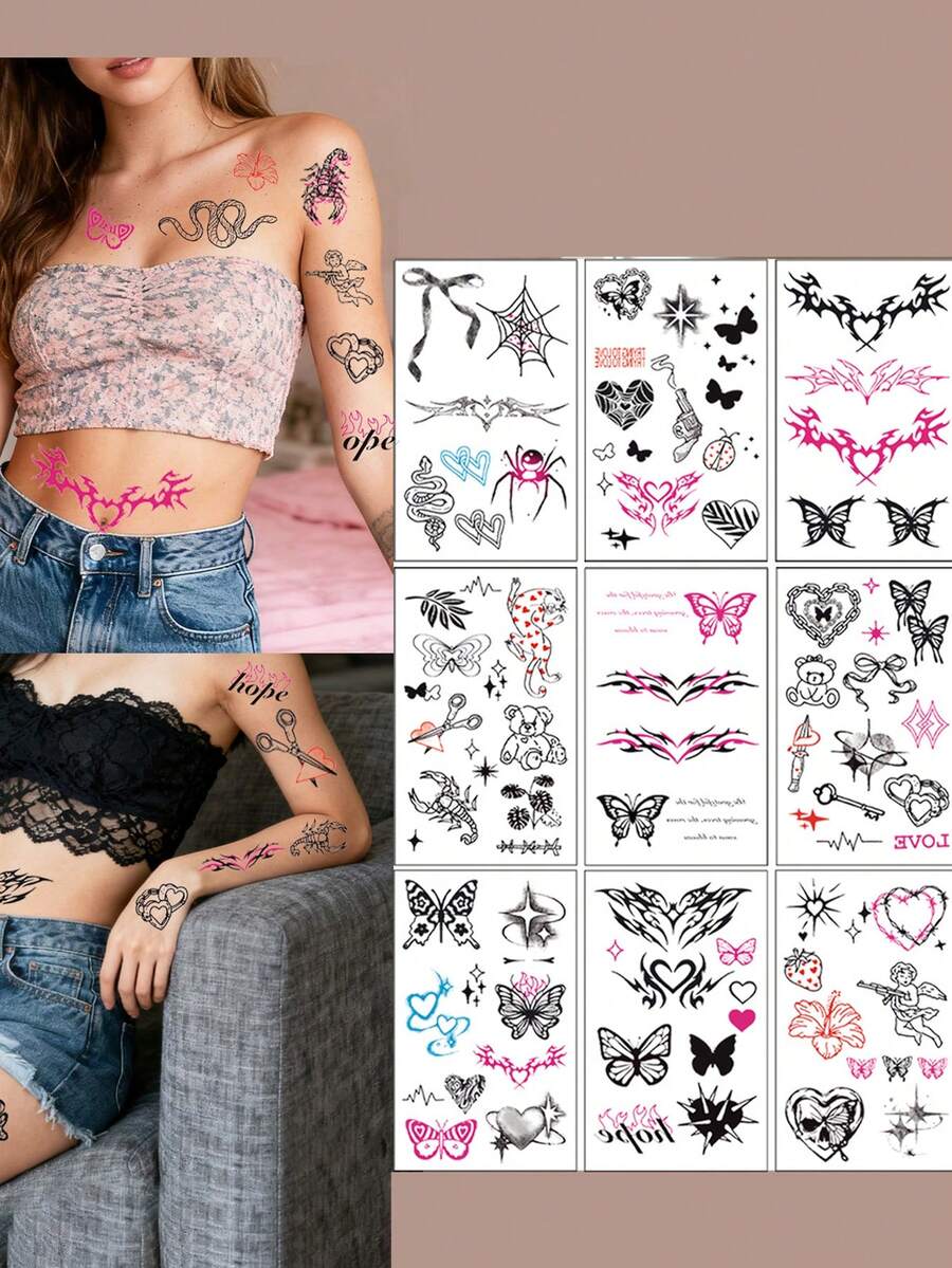 10pcs Y2K Style Black Tattoo Stickers, Punk Pink Heart & Bow Temporary Tattoo Stickers Set - Multicolor - View 1