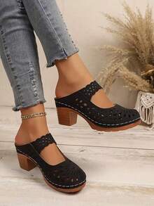 Women's High-Heel Sandals | Retro Breathable Cut-Out & Laser-Cut Design | Slip-On With Patterned Strap, Closed Round Toe & Thick Heel |European-American Style Summer Back-To-School Shoes - 黑色 - 查看 3