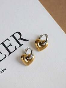 Stainless Steel Waterproof Vintage Gold & Silver Dual-Color Heart Shaped Earrings, Ideal For Women For Daily Wear Valentines,Mom,Mother,Mother's Day,Gift - 金色雙色 - 查看 3