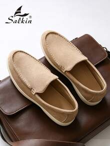 设计师时尚男士莫卡辛鞋，纯色绒面单脚套脚乐福鞋，男士真皮鞋，绅士商务社交鞋，男士日常办公派对婚礼鞋，情侣约会鞋，浪漫晚餐鞋，节日礼物鞋，返校学生休闲鞋，学院风，请选择大一码的尺码。 - 卡其色 - 查看 9