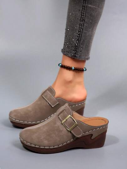 Minimalistische, lichtgewicht, antislip instappers voor dames, comfortabel, effen kleur, lakleer, platformzool met gesp.