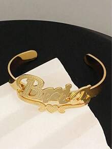 1pc Personalized 3D Name Bracelet - Pure Silver, Floral Print Style Bracelet, Customized Text Jewelry, 18K Gold Stainless Steel Jewelry, Comes With Elegant Gift Box, Suitable As Mother's Day Gift - Gold - View 4
