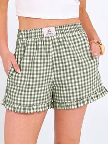 Womens Ruffle Boxer Shorts Pajama Gingham Shorts Summer Casual Lounge Sleep Plaid Beach Bottoms Pockets 2026 - 軍綠白色格子 - 查看 2