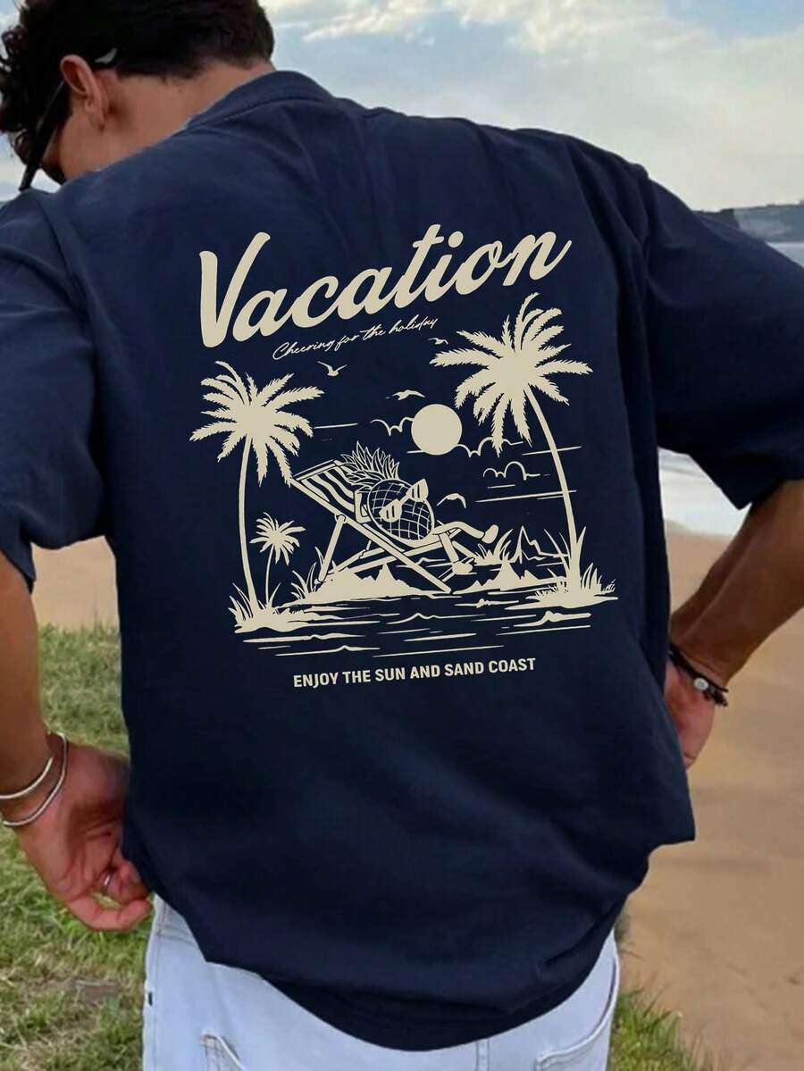 男士热带印花短袖T恤，适合夏季穿着，舒适透气，引领时尚潮流 - 藏蓝色 - 查看 1