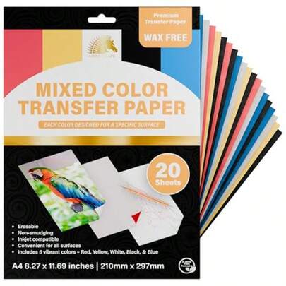 Graphite Transfer Paper 20 Mixed Sheets - Wax Free - Erasable - Smudge-Free - Ideal For Drawing And Tracing - Premium Arts And Crafts Supplies