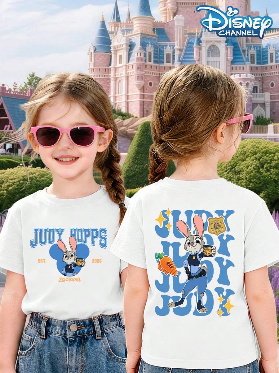 Disney Girls' Short Sleeved Shirt With Judy Hopps Cartoon Printed Text Pattern, Suitable For Children's Casual Fashion Style In Spring, Summer, And Autumn, Suitable For Theme Park Outings, Daily Wear For Girls' Spring, Summer, And Autumn Tops, Suitable For Both Boys And Girls, Children's Tops - 白色 - 查看 1