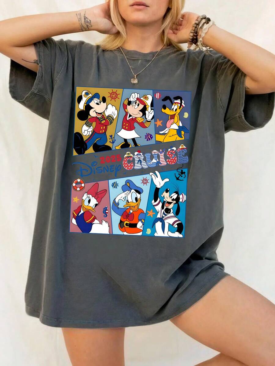 Disney UNIHLO  Mickey Mouse Standard Character   Printed Summer Heavyweight Retro Washed Street Fashion Casual T-Shirt - 黑色 - 查看 1