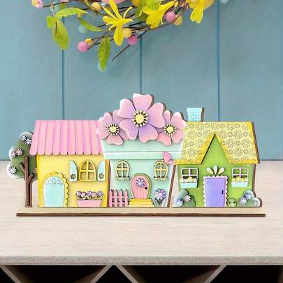 1pc Cute Wooden House Decor, Suitable For Living Room, Bedroom, Dining Room Tabletop Decoration, Can Be Used For 11 Different Holidays Including Mother's Day