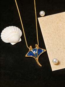 1pc 18K Gold Plated Stainless Steel Enamel Colorful Manta Ray & Devil Fish Pendant Necklace, Beach Vacation Style, Fashion Curb Chain Choker - Stingray - View 6