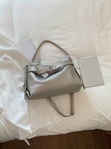 1 件装简约复古荔枝纹女士软皮单肩托特包，女士手提包，秋冬新款女士单肩包，秋季最佳手提包，女士休闲手提包 - 銀色 - 查看 7