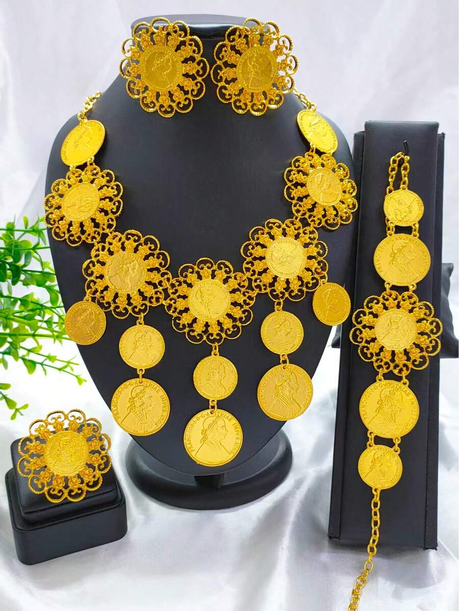 一套时尚女士镀金人像硬币和古币吊坠首饰套装，包括项链、手链、戒指和耳环，适合沙特阿拉伯、中东、迪拜、欧美、非洲婚礼、派对、新娘、母亲节、情人节、生日、婚礼、音乐节、节日礼物等场合。 - 金黃色 - 查看 1