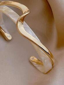 1pc Women Fashion Wave Bangle, Stainless Steel & Resin Material, Gift For Birthday Party Or Holiday Wear - 白色 - 查看 3