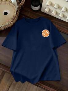 青少年/男童休闲篮球图案字母印花圆领短袖T恤，时尚夏季新款童装T恤 - 藏蓝色 - 查看 3