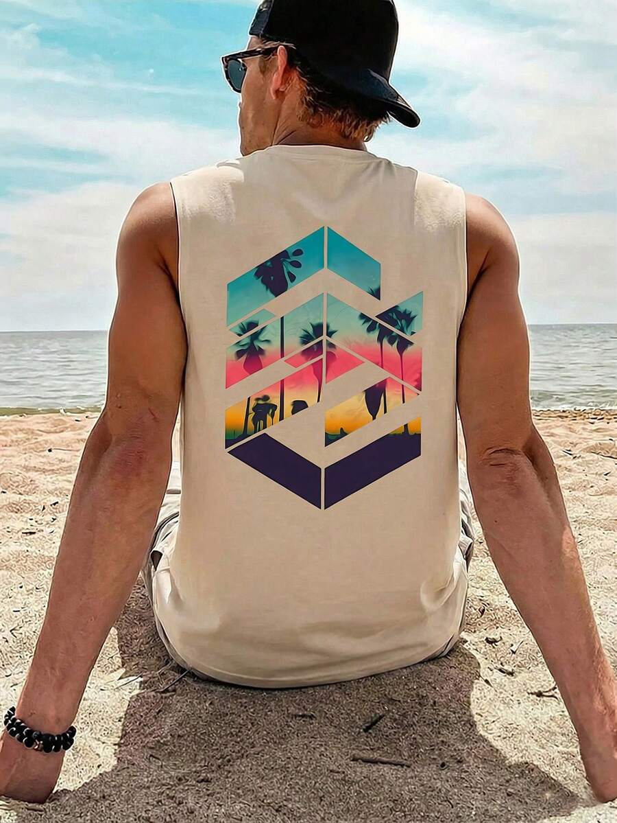 1pc Men's Graphic Print Round Neck Casual Tank Top, Summer - Apricot - View 1