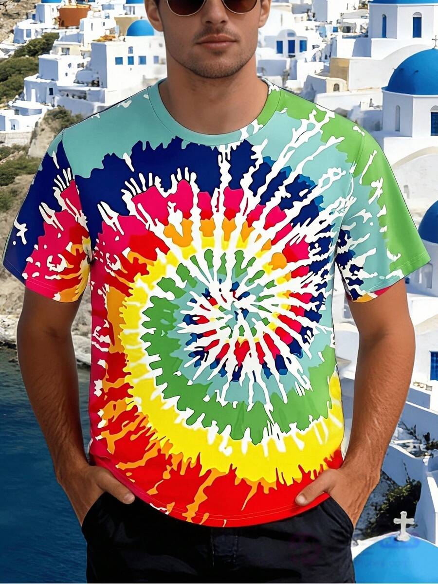 男士扎染圆领短袖休闲百搭T恤 - 紅色 - 查看 1