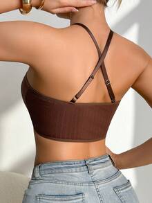 女士罗纹极简吊带针织文胸 - 咖啡棕 - 查看 3