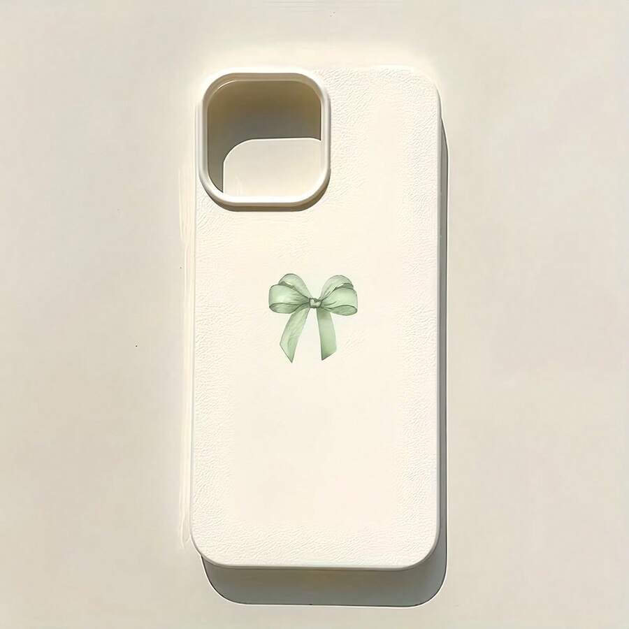 Bow-Knot 1pc White Matte Textured Minimalist Green Bow Tie Design Phone Case, Compatible With Iphone 16 Pro Max, 17/16/15/14 Plus, 13/12/11, Air, Series,International Version, Not The Domestic Version - Multicolor - View 1