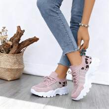 Fashion Leopard Print Lace-Up Trainers. Lightweight Mesh, Cushioned Sole And Flexible Design, Comfy For Gym, Walking And Everyday Casual Wear. - Pink - View 4