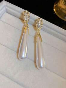 Topshiny 1pair White Chinese-Style Bridal Pearl Teardrop Earrings, Elegant Long Stud Dangle Earrings For Women, Suitable For Daily Wear, Weddings, And Parties - 白色 - 查看 7