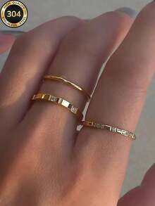 Nhẫn vuông vàng 14K đính 3 và 8 viên kim cương, kiểu dáng thời trang và sáng tạo, chất liệu thép không gỉ chống nước, không phai màu, thích hợp đeo hàng ngày, dự tiệc, làm quà tặng Ngày của Mẹ. - Vàng 2 - Xem 2
