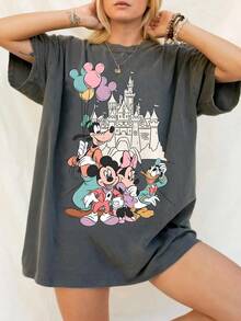 Disney UNIHLO  Mickey    Printed Summer Heavyweight Retro Washed Street Fashion Casual T-Shirt - 黑色 - 查看 2
