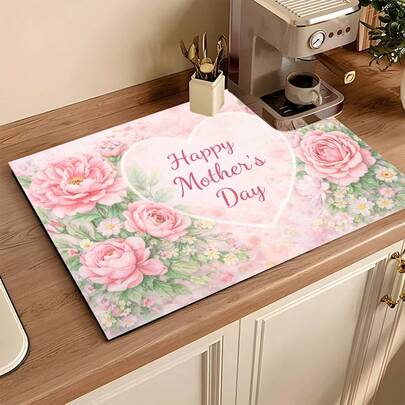 1件母亲节花卉印花吸水沥水垫，厨房装饰，咖啡机垫，手工咖啡壶沥水垫，厨房地垫，桌面垫，碗碟沥水垫，早餐垫，耐热防滑杯垫，洗衣机垫，硅胶沥水垫，遮盖污渍，超强吸水厨房垫，易清洁碗碟架垫，适用于厨房、餐桌、咖啡店、酒吧、节日、派对、家居装饰、节日礼物、母亲节礼物