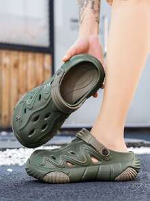 Men's Flame Pattern Sandals - Thick Sole Elevated Slide Sandals With Adjustable Heel Strap, Casual Beach & Outdoor Wear - Dark Green - View 4