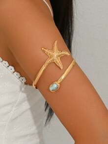 1pc Bohemian Style Starfish Faux Pearl Inlaid Gold Tone Arm Cuff, Suitable For Women's Daily Wear, Beach Vacation, Party - Multicolor - View 3