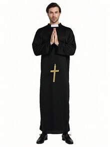 一套男士万圣节牧师服装，成人角色扮演神职人员服装，圣母玛利亚牧师表演服 - 黑色 - 查看 1