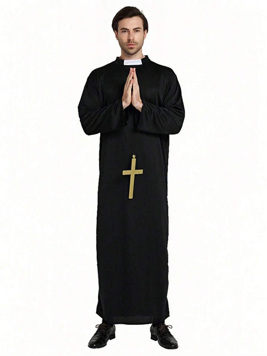 一套男士万圣节牧师服装，成人角色扮演神职人员服装，圣母玛利亚牧师表演服 - 黑色 - 查看 1