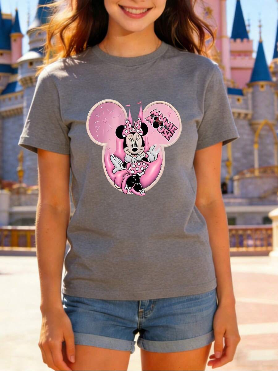 Crew Neck T-Shirt | Disney Minnie Mouse Head Frame Theme | Gift For Disney FansMade With Soft, Comfortable, And Durable Materials, This Is An Ideal Choice For Spring And Summer. This Crew Neck T-Shirt Is Suitable For Various Occasions, Including Everyday Wear, Shopping, Parties, Travel, And Gatherings, And Also Makes A Thoughtful Gift. - 灰色 - 查看 1