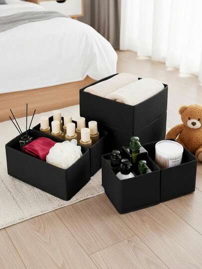 1/3/6件装黑色布艺内衣收纳盒，抽屉整理盒，梳妆台抽屉收纳盒，卧室衣物收纳盒，适用于连衣裙、裤子、鞋子、牛仔裤、靴子、裙子等，卧室家居收纳，春季衣物，简约风格，夏季上衣