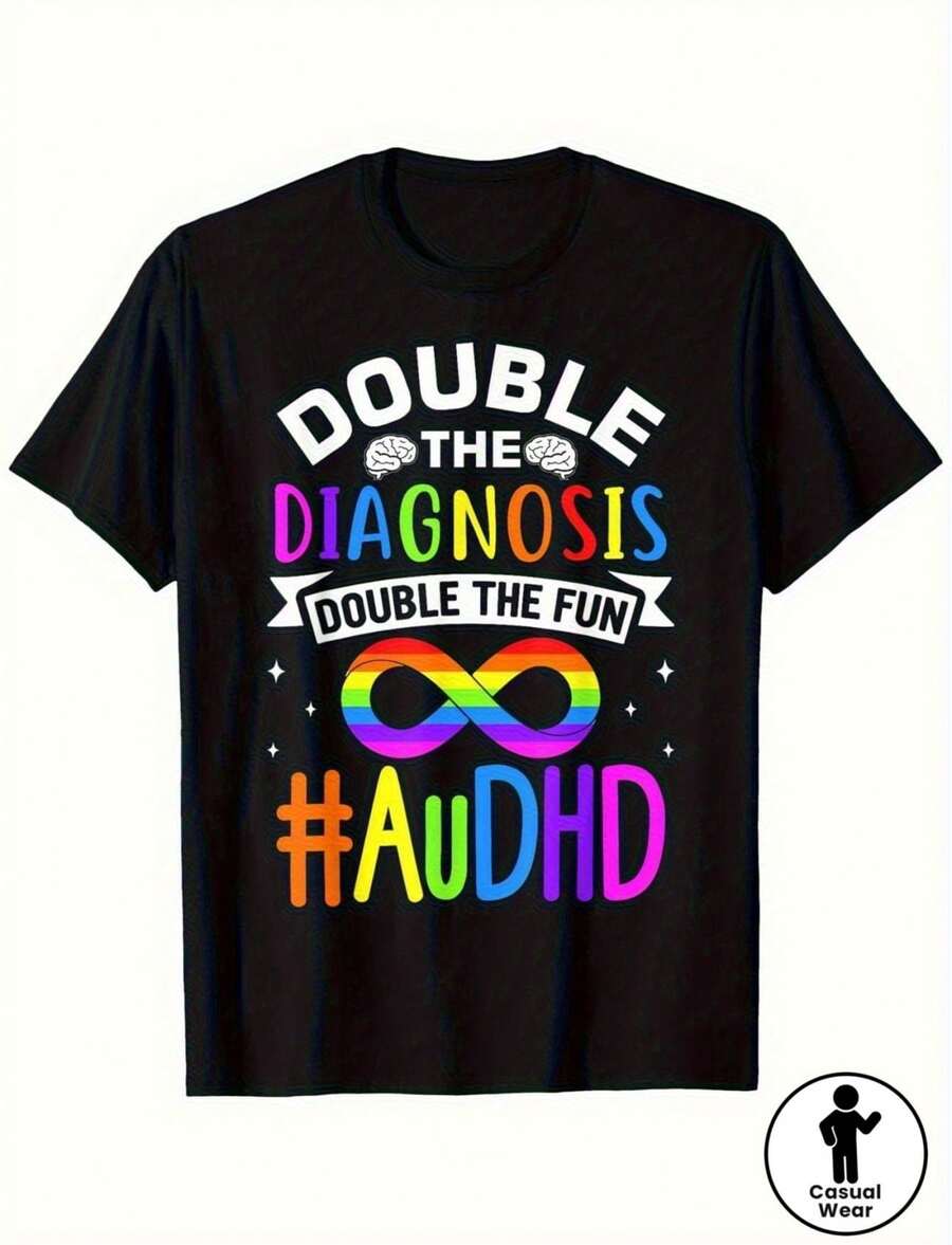Men's Autism & ADHD Awareness T-Shirt - #AuDHD Neurodivergent Support Tee With Rainbow Infinity Symbol, Black Casual Crewneck Short Sleeve Shirt For Neurodiversity Advocacy, Autism Diagnosis Awareness Apparel - 黑色 - 查看 1