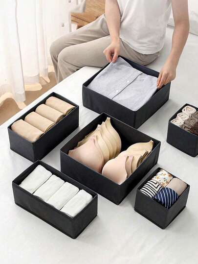 1/3/6个装布艺收纳盒，黑色抽屉整理盒，梳妆台收纳盒，卧室衣物收纳盒，适用于连衣裙、裤子、鞋子、牛仔裤、靴子、裙子等，卧室家居收纳，春季服装，简约风格，夏季上衣