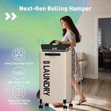 Caroeas Next-Gen - Cesta de lavandería con marco Matel de 105 L con ruedas cesta de lavandería alta resistente con bolsa de lavado extraíble cesta plegable para ropa no empotrado 100 L beige - Beigepaquete de 2 - Ver 2