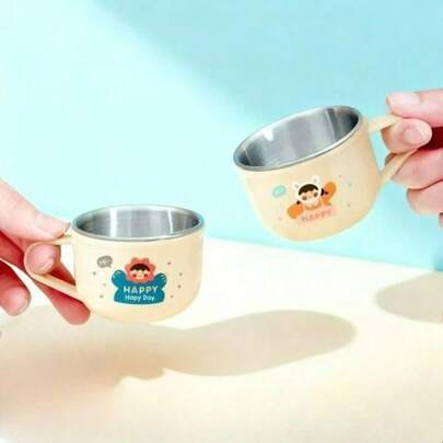 1/4pcs 304 Stainless Steel Mini Water Cup With Handle, Cute Cartoon Pattern Milk Cup, Coffee Mug, Portable Durable Children Drinking Cup, Anti Scalding Drinkware, Suitable For School, Dorm, Office, Outdoor Camping, Picnic,Travel, Bakc To School