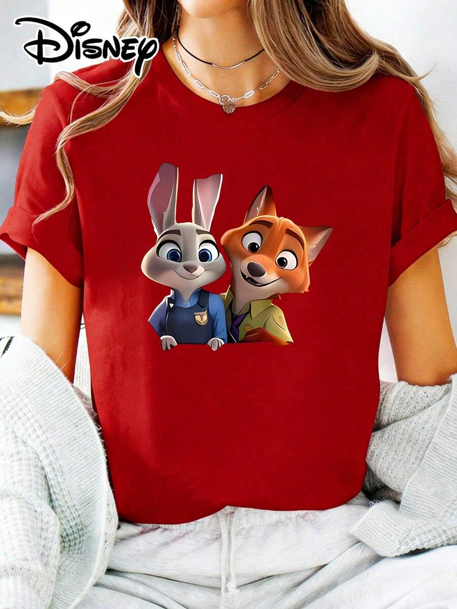 Soft Cotton T-Shirt | Disney "Zootopia Judy & Nick" Graphic Tee | Casual Daily WearMade With Soft, Comfortable, And Durable Materials, This Is An Ideal Choice For Spring And Summer. This Crew Neck T-Shirt Is Suitable For Various Occasions, Including Everyday Wear, Shopping, Parties, Travel, And Gatherings, And Also Makes A Thoughtful Gift. - 紅色 - 查看 1