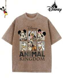 1 New Disney Cotton Washed T-Shirt, Disney ANIMAL KINGDOM Animal Character Jigsaw Print, Round Neck Leisure And Comfortable Cotton Washed T-Shirt, Suitable For Sports And Daily Wear, A Goo - 咖啡棕 - 查看 1