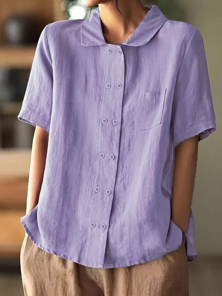 Women's Short Sleeve Shirt Blouse, Purple Solid Color Front Button Pocket Button Casual Elegant Minimalist Commute Decent Shirt, Daily Home Vacation Date Travel Outing Gift Birthday Spring Summer Autumn Independence Day Munich Oktoberfest Christmas Thanksgiving Teacher's Day - Purple - View 1