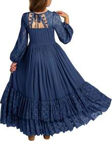 2026 Girls Elegant Lace Flower Boho Dress Long Sleeve Backless Square Neck Ruffle Party Maxi Dress - 02 Navy - 查看 12