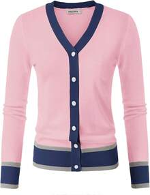 Women's Lightweight Long Sleeve Cropped Cardigan Sweater, Spring Summer Fashion Casual Open Front Shrug Outfits - 粉紅色海軍藍 - 查看 4