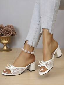 Women's Thick High Heel Round Toe Sandals, Spring/Summer New Narrow Heel Petite Sexy Open Toe Sandals, Bow Sandals - Beige - View 3