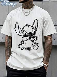 Disney Officially Licensed Graphic T Shirts 100 Percent Cotton Disney Shirt, Stitch & Mickey Sketch T-Shirt, Unisex, 220g, Retro Washed, Cartoon Print, Casual Tee - 白色 - 查看 1