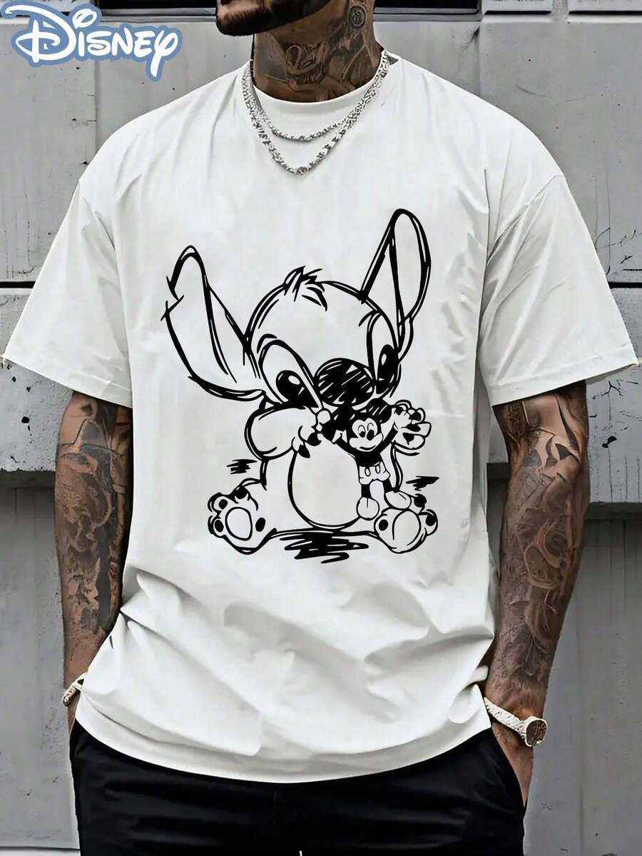 Disney Officially Licensed Graphic T Shirts 100 Percent Cotton Disney Shirt, Stitch & Mickey Sketch T-Shirt, Unisex, 220g, Retro Washed, Cartoon Print, Casual Tee - 白色 - 查看 1